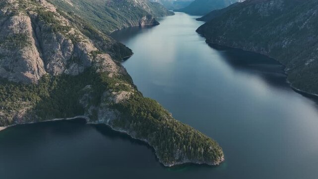 Aerial view of overlooking the scenic mountain of Brazo Tristeza on Lake Nahuel Huapi and the forested peninsula of Bahia Lopez near Bariloche, Argentina.