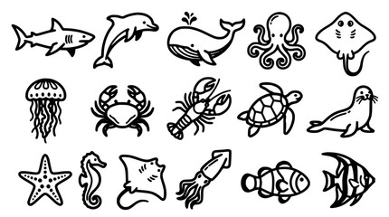 Obraz premium Sea Animals Collection Vector Illustration with Shark, Dolphin, Whale, Octopus, Stingray, Jellyfish, Crab, Lobster, Turtle, Seal