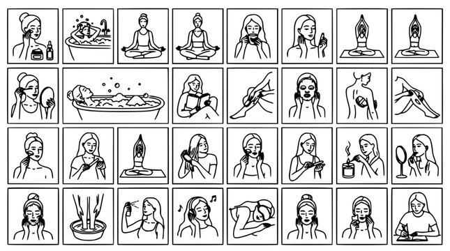 Women Practicing Self-Care Activities Icons Set with Meditation, Skincare, Bathing, Stretching and Relaxation Line Drawings