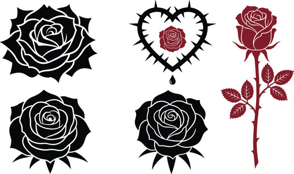 Gothic Rose Tattoo Flash Set with Thorney Heart, Bleeding Icon, and Dark Red Stemmed Blossom Vector Elements for Punk Rock and Edgy Romance Graphic Designs