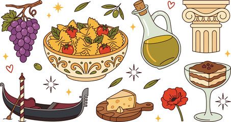 Italian culture and traditional cuisine vector sticker set. Farfalle pasta bowl, venetian gondola boat, olive oil decanter, tiramisu dessert, ancient column, parmesan cheese, and purple grapes. © MdRobiul
