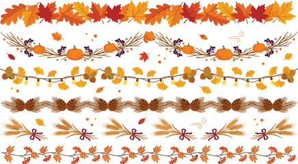 Autumn Thanksgiving Seamless Border Vector Set with Maple Leaves, Pumpkins, Wheat Sheaves, Acorns, and Berries for Fall Festive Invitation and Header Designs © Md 