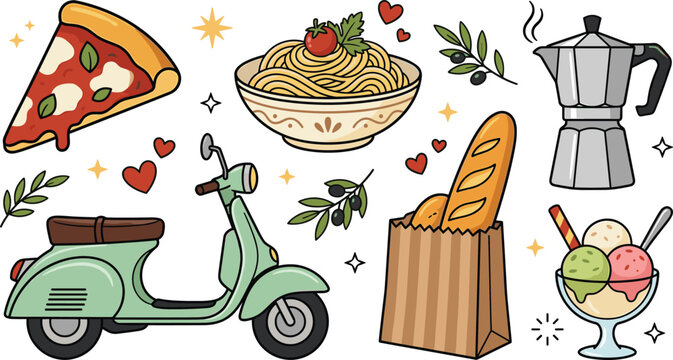 Italian food and culture sticker set. Retro green scooter moped, pizza slice, spaghetti pasta bowl, moka pot coffee maker, french baguette bread bag, olive branches and gelato ice cream.