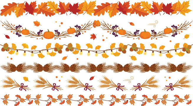 Autumn Thanksgiving Seamless Border Vector Set with Maple Leaves, Pumpkins, Wheat Sheaves, Acorns, and Berries for Fall Festive Invitation and Header Designs