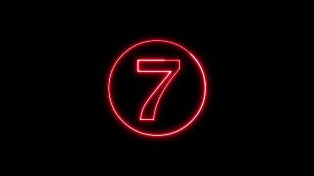 Glowing red neon countdown timer showing number seven on dark background.