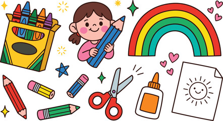 Kids art and school craft element set. Cute cartoon girl holding big pencil, crayon box, colorful rainbow, scissors, glue bottle, coloring paper with smiling sun, stars and hearts.