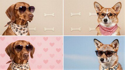 Obraz premium Four stylish dogs and a fox wear sunglasses, bandanas, posing in playful studio settings.