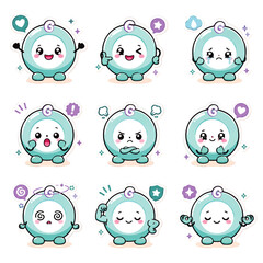 Fototapeta premium Breathing Circle Kawaii Reaction Sticker Icon Set with Cute Health Mood Characters