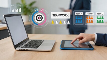 Fototapeta premium Corporate teamwork concept with business analytics dashboard on tablet, showing team management charts, gender statistics
