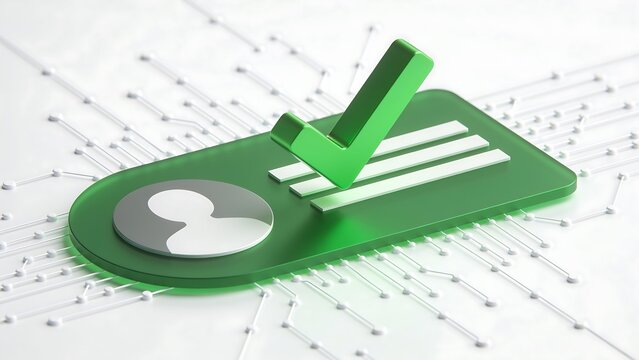 3D Green Checkmark on User Profile Card with Digital Circuit Background