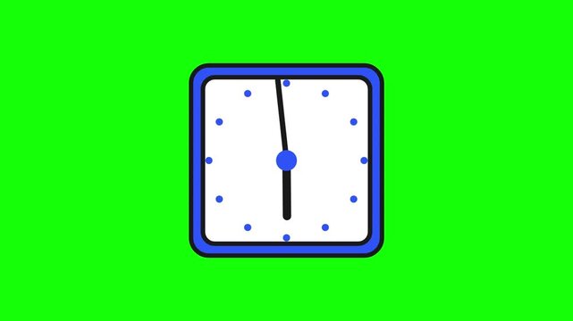 Minimalist Modern Square Blue Wall Clock Timelapse Flat Vector Green Screen