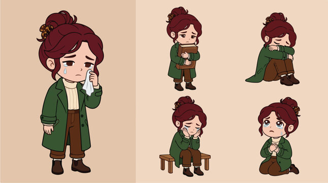 Chibi woman character model sheet illustration