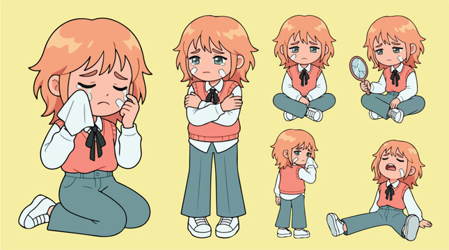 Chibi woman character model sheet illustration