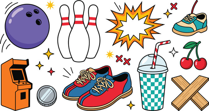 Retro bowling and arcade game sticker set. Purple bowling ball, white pins, red and blue shoes, orange arcade cabinet, silver coin, checkered soda cup, comic boom bubble and cherries.