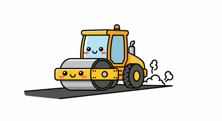 Naklejka premium Cute kawaii yellow steamroller machine flattening asphalt on a white background, cartoon style