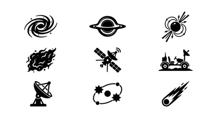 Cosmic Icons Set: Galaxy, Planet, Satellite, Rover, Comet, Astronomy Symbols © Mimi