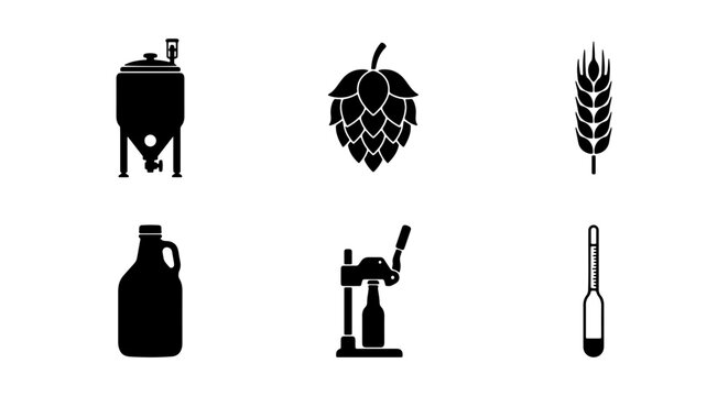 Brewery Icons Set: Fermentation Tank, Hops, Wheat, Growler, Bottle Capper, Hydrometer