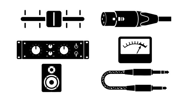 Audio Equipment Icons: Mixer Sliders, XLR Connector, Amplifier, VU Meter, Speaker, Cable