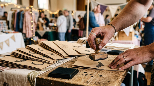 Close up of artisan hands stamping kraft paper trick or treat bags with black ink at an autumn craft market workshop