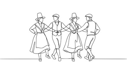 Obraz premium Traditional Folk Dancers Line Art: People in Costume Dancing in Circle