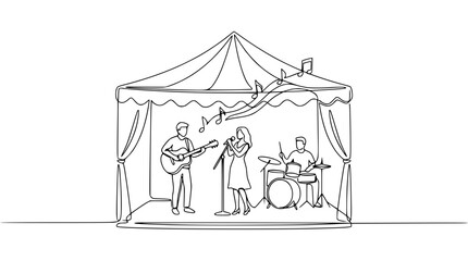 Fototapeta premium Live Music Band Performing Under Tent Stage, Continuous Line Art Drawing