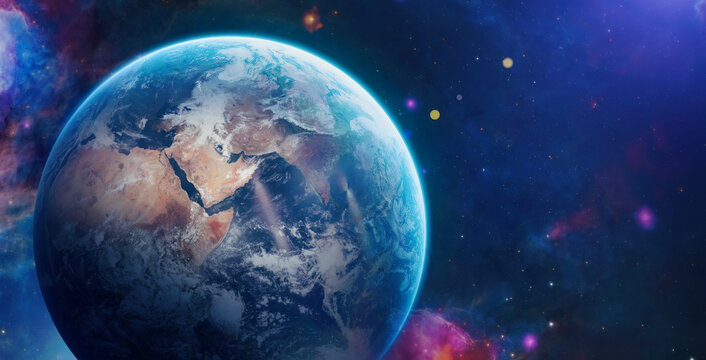 Planet Earth globe in outer space with bright stars and Sun. Landscape with planet surface and starry sky. Our Universe. Elements of this image furnished by NASA. Not AI. Photo collage