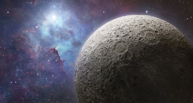 Moon surfacce in bright blue space. Moon sphere. Lunar surface with stars. Earth's satellite. Elements of this image furnished by NASA
