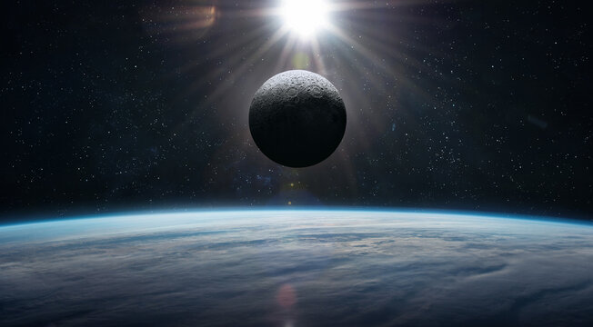 Moon surface and Earth planet at night in outer space. Lunar space program. Return to Moon. Elements of this image furnished by NASA
