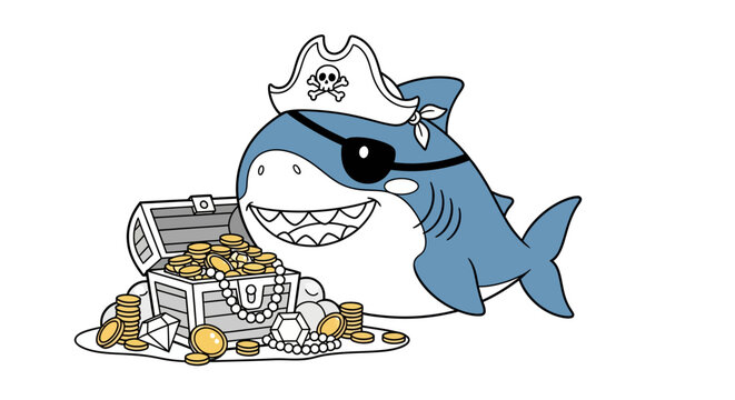 Smiling cartoon pirate shark, eye patch and pirate hat, guarding a treasure chest brimming with gold coins, pearls, and sparkling jewels. Cute adventure.