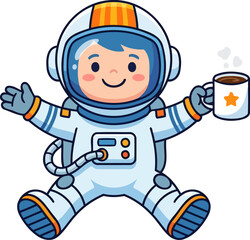 Obraz premium Flat vector illustration of cute astronaut holding coffee mug waving isolated on white background