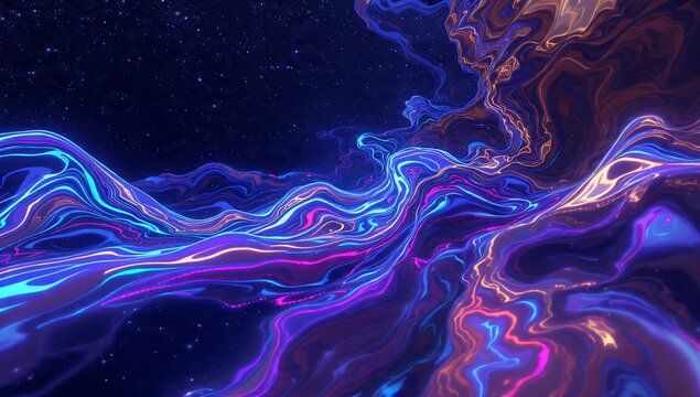 Abstract 3D illustration of a wavy, iridescent fluid landscape in vibrant purple and blue tones. Glowing neon liquid trails and cosmic stardust reflections for space and technology concepts.