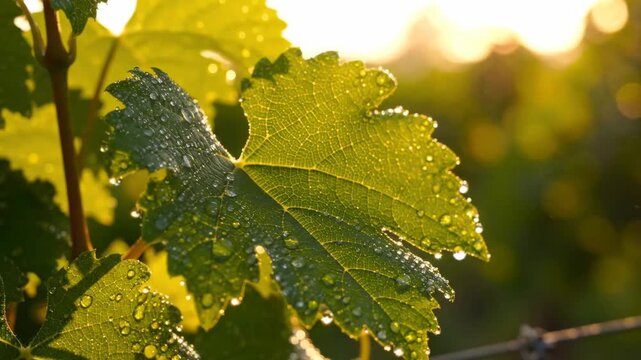 Glistening green grape leaves adorned with dew in vineyard at sunrise, showcasing natures beauty and vibrant colors under sunlight