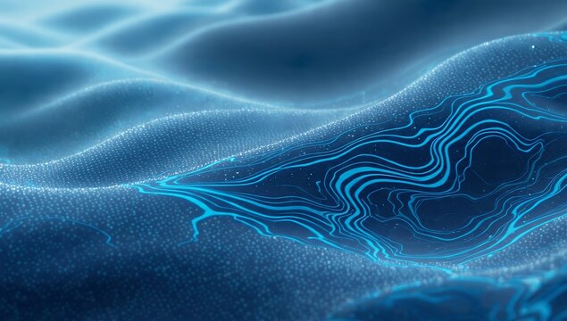 Abstract 3D illustration of a vibrant, iridescent wave structure with multi-colored glass ripples. Glossy metallic spectrum and rainbow refraction curves on a dark background for design.