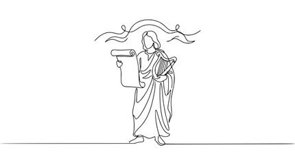 Obraz premium Ancient Bard Holding Scroll and Lyre, Continuous Line Art