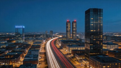 Fototapeta premium Night city skyline with illuminated skyscrapers and highway traffic light trails, urban landscape at dusk, modern architecture, transportation flow