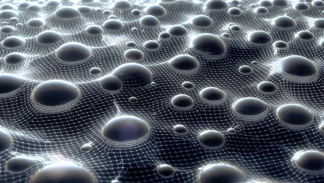 Abstract 3D illustration of a wavy mesh grid landscape with emerging liquid metal spheres and droplets. Glossy chrome particles on a dark wireframe surface for technology and physics concepts.