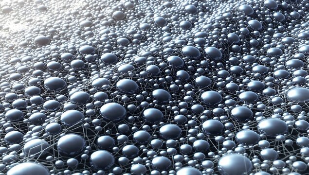 Abstract 3D illustration of a dense field of interconnected dark metallic spheres and bubbles on a wavy mesh substrate. Glossy silver particles for AI neural networks and biotechnology concepts.
