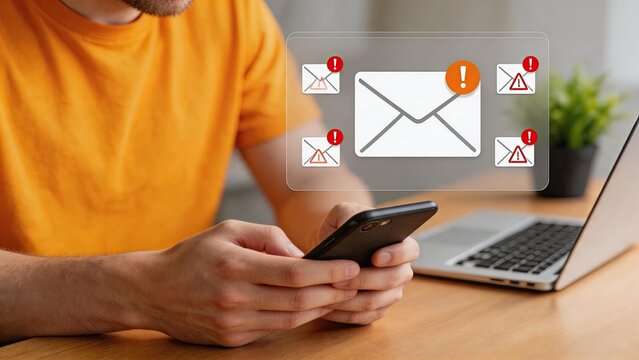 Email spam warning notification on mobile phone, unsolicited junk mail alerts with exclamation marks