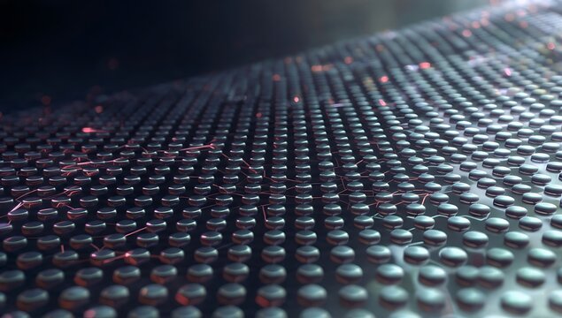 Abstract 3D render of metallic grid texture with glowing red light trails. Futuristic circuit board macro, dark cyber tech pattern, hardware server data processors, or sci-fi backdrop.