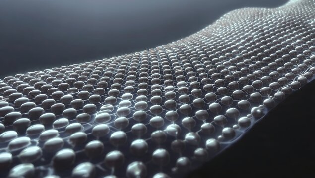 Abstract 3D render of a waving metallic grid surface made of glossy spheres. Futuristic chrome particle wave, dark cyber technology mesh texture, nanotech network, or sci-fi background.