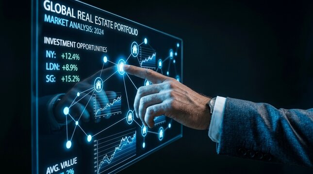 Businessman touching a global real estate investment portfolio digital analysis screen