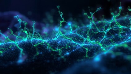 Naklejka premium Abstract 3D render of a glowing green and blue organic network structure. Microscopic organism culture, cellular landscape, digital neural network data, or advanced biophysics background.