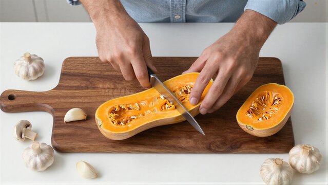 Person slicing orange squash on wooden board with mushrooms and garlic nearby.