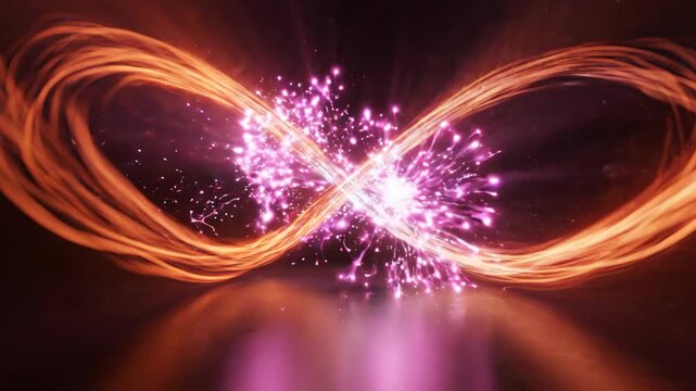 Vibrant infinity symbol with swirling orange and pink light trails radiates energy and sparkles, evoking limitless possibilities and dynamic motion