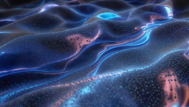 Abstract 3D render of organic fluid wave texture with glowing blue and pink neon light trails. Futuristic dark metallic satin backdrop, cyber tech wavy surface, or sci-fi energy concept.