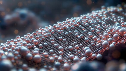 Fototapeta premium Abstract 3D render of microscopic pearlescent spheres on a biological mesh structure. Futuristic nanotechnology cellular membrane, pink organic particle grid, or medical science backdrop.