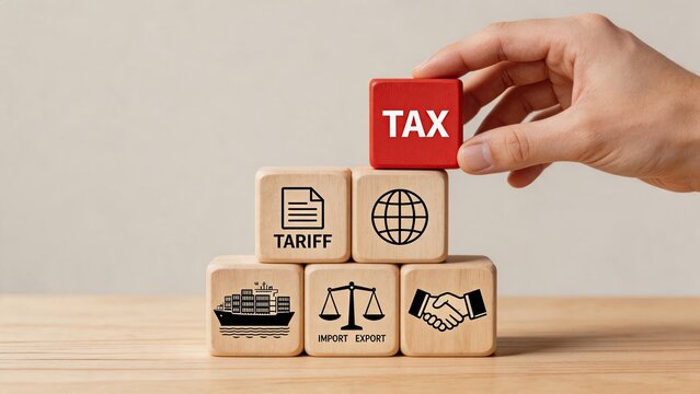 Hand placing red tax block on wooden cubes with tariff and import export icons, international trade logistics and customs duty concept