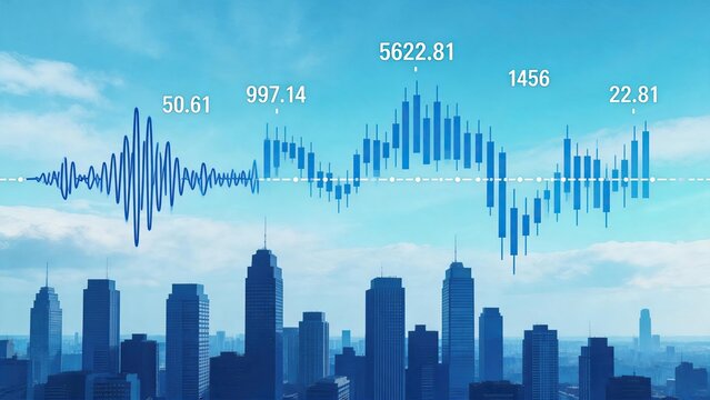 Abstract financial candlestick chart and wave graph overlaying modern city skyline background, stock market volatility and economic fluctuation concept