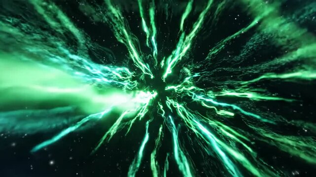 Vibrant green and blue light streams create dynamic explosion of energy and movement, showcasing abstract cosmic pattern in vast universe