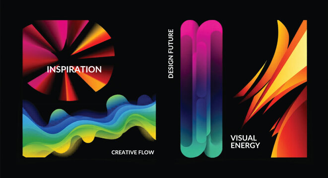 Abstract futuristic gradient shapes set, vibrant creative flow wave and visual energy elements, modern inspiration design future vector graphics